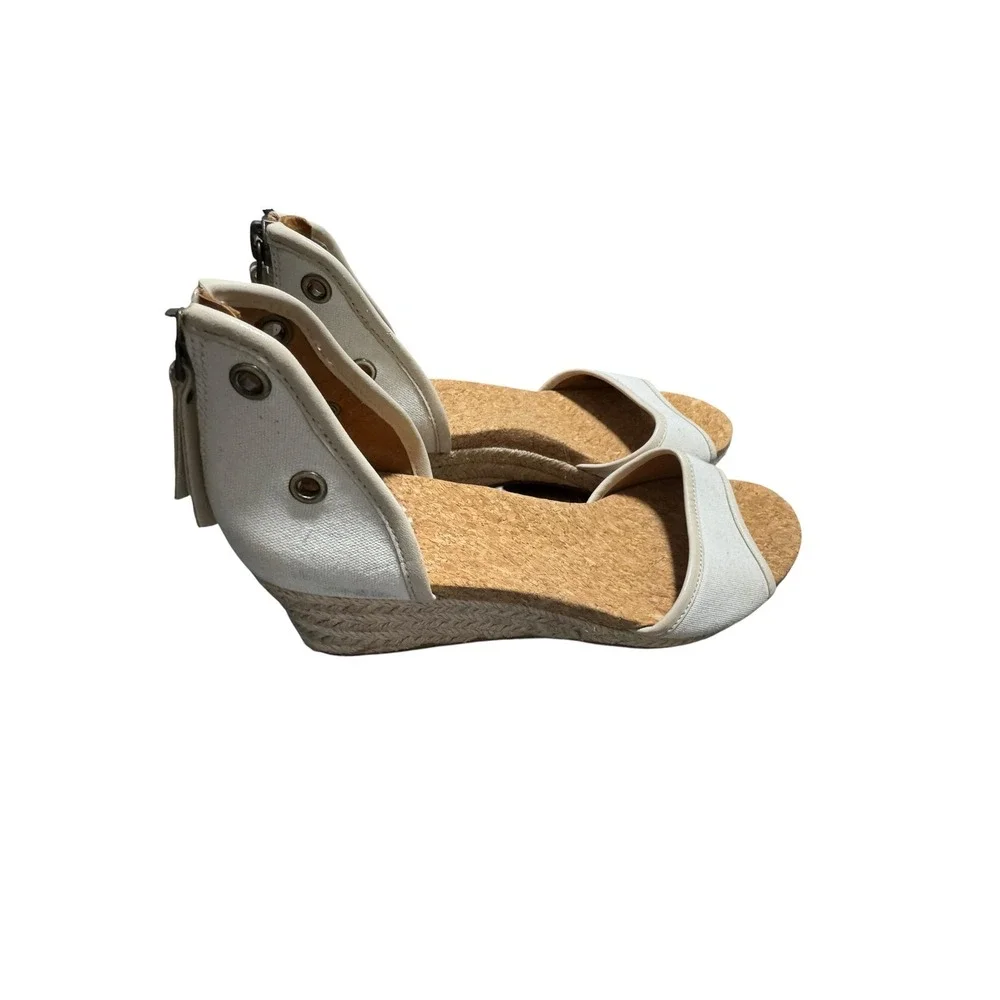 UGG Canvas Espadrille Wedge Sandals Cream Cork Jute Sz 7 Back Zip Open Toe
